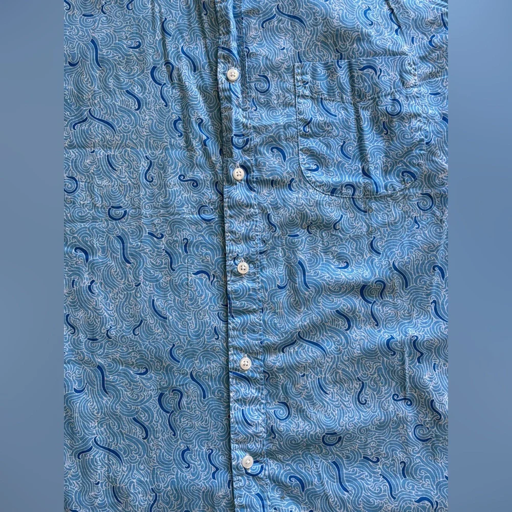 J. Crew Slim Large Blue White Pattern Short Sleeve Cotton Pocket Button Shirt - Picture 2 of 10